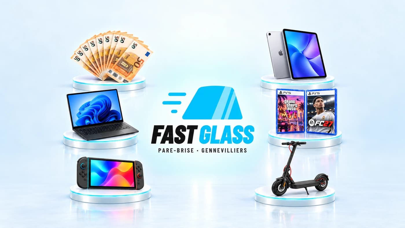 Le logo de Fast Glass entouré des cadeaux de son offre